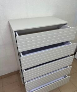 Modern White 5-Drawer Tall Dresser – Horizontal Slatted Front Design with Handleless Drawers & Cylindrical Legs - Image 2