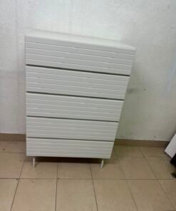 Modern White 5-Drawer Tall Dresser – Horizontal Slatted Front Design with Handleless Drawers & Cylindrical Legs - Image 4