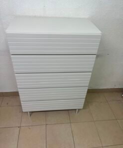 Modern White 5-Drawer Tall Dresser – Horizontal Slatted Front Design with Handleless Drawers & Cylindrical Legs