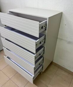Modern White 5-Drawer Tall Dresser – Horizontal Slatted Front Design with Handleless Drawers & Cylindrical Legs - Image 6