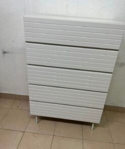 Modern White 5-Drawer Tall Dresser – Horizontal Slatted Front Design with Handleless Drawers & Cylindrical Legs - Image 7