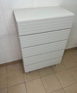 Modern White 5-Drawer Tall Dresser – Horizontal Slatted Front Design with Handleless Drawers & Cylindrical Legs - Image 12
