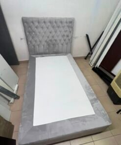 Grey Velvet Single Bed Frame with Diamond-Tufted Headboard – Upholstered Platform Bed with Low-Profile Base - Image 2