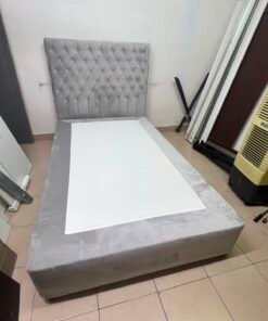 Grey Velvet Single Bed Frame with Diamond-Tufted Headboard – Upholstered Platform Bed with Low-Profile Base - Image 3