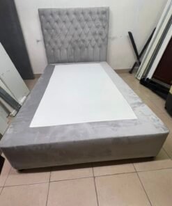 Grey Velvet Single Bed Frame with Diamond-Tufted Headboard – Upholstered Platform Bed with Low-Profile Base - Image 5
