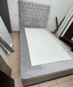 Grey Velvet Single Bed Frame with Diamond-Tufted Headboard – Upholstered Platform Bed with Low-Profile Base - Image 6