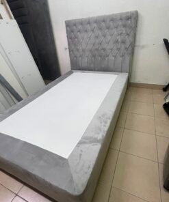Grey Velvet Single Bed Frame with Diamond-Tufted Headboard – Upholstered Platform Bed with Low-Profile Base - Image 7
