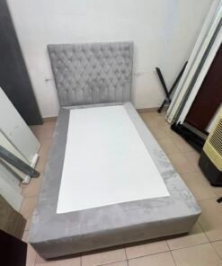 Grey Velvet Single Bed Frame with Diamond-Tufted Headboard – Upholstered Platform Bed with Low-Profile Base - Image 8