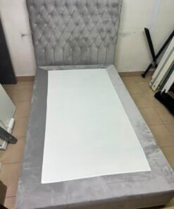 Grey Velvet Single Bed Frame with Diamond-Tufted Headboard – Upholstered Platform Bed with Low-Profile Base - Image 9