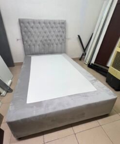 Grey Velvet Single Bed Frame with Diamond-Tufted Headboard – Upholstered Platform Bed with Low-Profile Base - Image 10