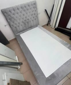Grey Velvet Single Bed Frame with Diamond-Tufted Headboard – Upholstered Platform Bed with Low-Profile Base - Image 11