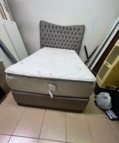 Grey Tufted Single Bed Frame with White Quilted Mattress – Complete Upholstered Bed Set with Dark Grey Base - Image 2