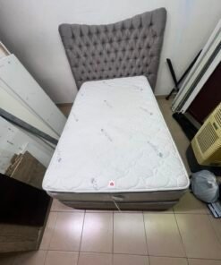 Grey Tufted Single Bed Frame with White Quilted Mattress – Complete Upholstered Bed Set with Dark Grey Base - Image 3