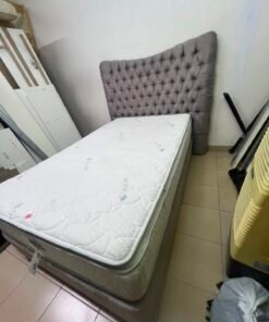 Grey Tufted Single Bed Frame with White Quilted Mattress – Complete Upholstered Bed Set with Dark Grey Base - Image 4