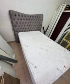Grey Tufted Single Bed Frame with White Quilted Mattress – Complete Upholstered Bed Set with Dark Grey Base - Image 5