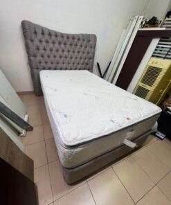 Grey Tufted Single Bed Frame with White Quilted Mattress – Complete Upholstered Bed Set with Dark Grey Base - Image 7