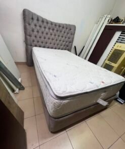 Grey Tufted Single Bed Frame with White Quilted Mattress – Complete Upholstered Bed Set with Dark Grey Base - Image 9