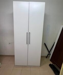 Modern White 2-Door Wardrobe / Armoire – Tall Bedroom Storage Closet with Sleek Flat Panels & Vertical Silver Handles - Image 3