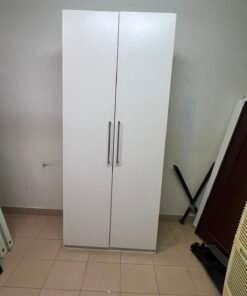 Modern White 2-Door Wardrobe / Armoire – Tall Bedroom Storage Closet with Sleek Flat Panels & Vertical Silver Handles - Image 6