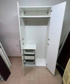 Modern White 2-Door Wardrobe / Armoire – Tall Bedroom Storage Closet with Sleek Flat Panels & Vertical Silver Handles - Image 7