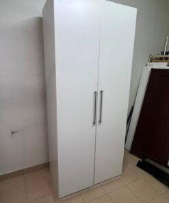 Modern White 2-Door Wardrobe / Armoire – Tall Bedroom Storage Closet with Sleek Flat Panels & Vertical Silver Handles - Image 9