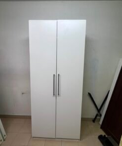 Modern White 2-Door Wardrobe / Armoire – Tall Bedroom Storage Closet with Sleek Flat Panels & Vertical Silver Handles