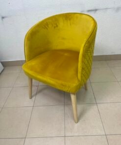 The modern chair features luxurious yellow velvet upholstery, a curved back with a padded design on the sides, and sturdy wooden legs. - Image 8
