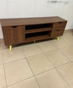 A Mid-Century Modern wood-design TV unit featuring open cabinets and shelves, side drawers, and distinctive legs. - Image 2