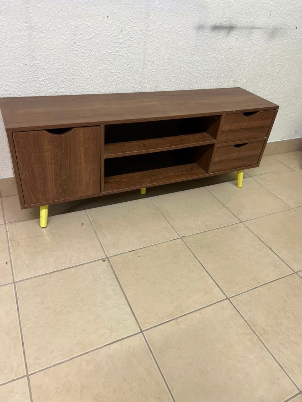 A Mid-Century Modern wood-design TV unit featuring open cabinets and shelves, side drawers, and distinctive legs. - Image 2