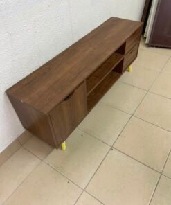 A Mid-Century Modern wood-design TV unit featuring open cabinets and shelves, side drawers, and distinctive legs. - Image 4