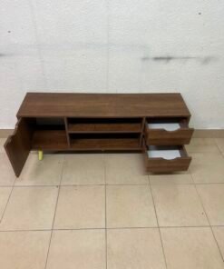 A Mid-Century Modern wood-design TV unit featuring open cabinets and shelves, side drawers, and distinctive legs. - Image 3