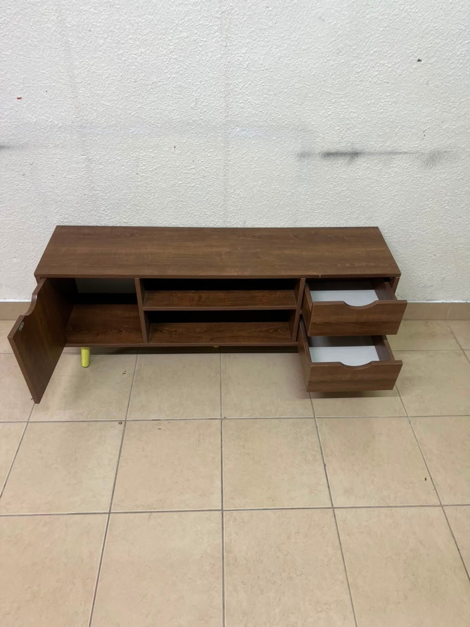 A Mid-Century Modern wood-design TV unit featuring open cabinets and shelves, side drawers, and distinctive legs. - Image 3