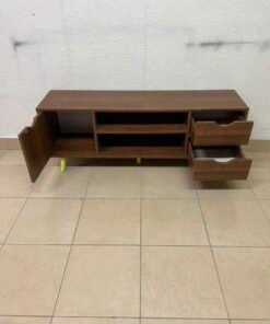 A Mid-Century Modern wood-design TV unit featuring open cabinets and shelves, side drawers, and distinctive legs. - Image 10