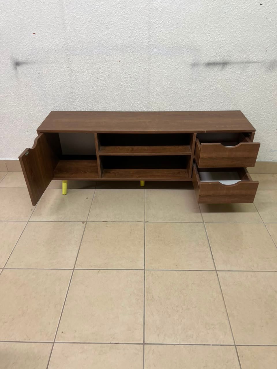 A Mid-Century Modern wood-design TV unit featuring open cabinets and shelves, side drawers, and distinctive legs. - Image 10