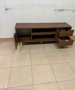 A Mid-Century Modern wood-design TV unit featuring open cabinets and shelves, side drawers, and distinctive legs. - Image 5