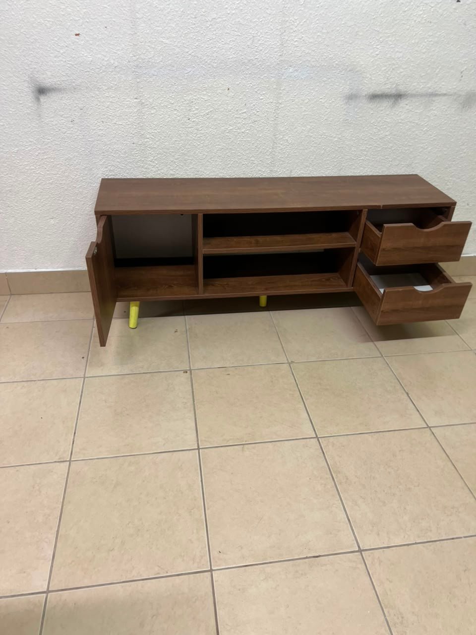 A Mid-Century Modern wood-design TV unit featuring open cabinets and shelves, side drawers, and distinctive legs. - Image 5