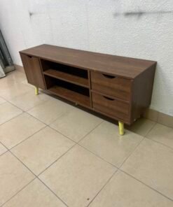 A Mid-Century Modern wood-design TV unit featuring open cabinets and shelves, side drawers, and distinctive legs. - Image 8