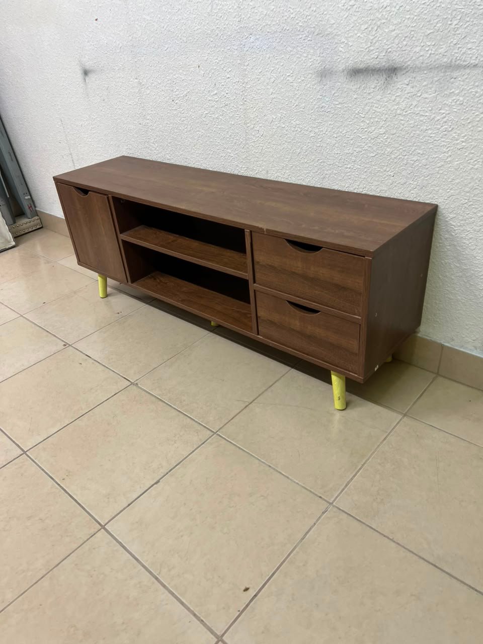 A Mid-Century Modern wood-design TV unit featuring open cabinets and shelves, side drawers, and distinctive legs. - Image 8