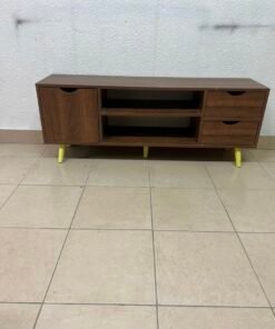 A Mid-Century Modern wood-design TV unit featuring open cabinets and shelves, side drawers, and distinctive legs. - Image 9