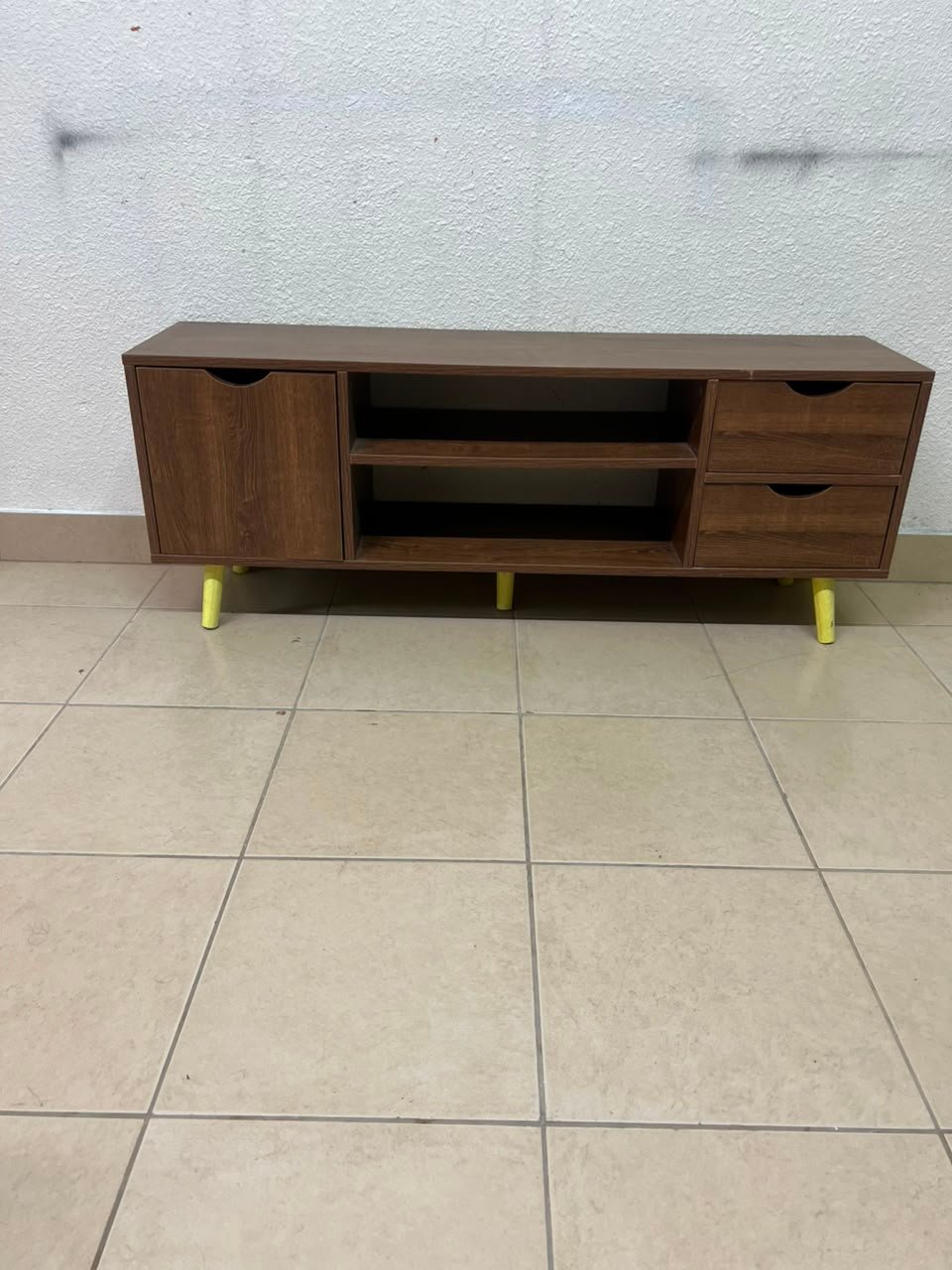 A Mid-Century Modern wood-design TV unit featuring open cabinets and shelves, side drawers, and distinctive legs. - Image 9