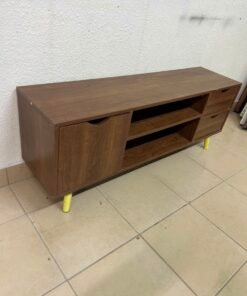 A Mid-Century Modern wood-design TV unit featuring open cabinets and shelves, side drawers, and distinctive legs. - Image 7