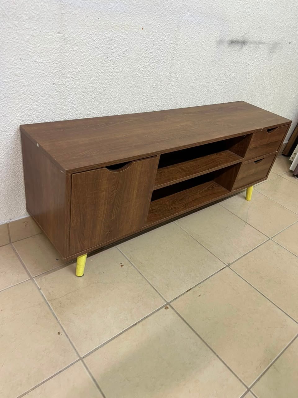 A Mid-Century Modern wood-design TV unit featuring open cabinets and shelves, side drawers, and distinctive legs. - Image 7