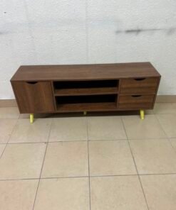 A Mid-Century Modern wood-design TV unit featuring open cabinets and shelves, side drawers, and distinctive legs.