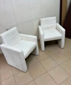 A modern white boucle fabric armchair, featuring an elegant base with flat legs and textured fabric upholstery. - Image 7