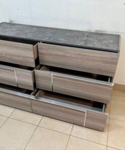 This is a Home Centre Warner 6-Drawer Dresser featuring a caramel walnut and beige finish with a marble-effect top. - Image 11