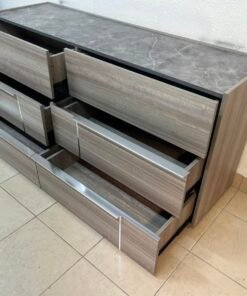 This is a Home Centre Warner 6-Drawer Dresser featuring a caramel walnut and beige finish with a marble-effect top. - Image 10