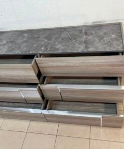 This is a Home Centre Warner 6-Drawer Dresser featuring a caramel walnut and beige finish with a marble-effect top. - Image 9