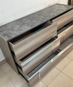 This is a Home Centre Warner 6-Drawer Dresser featuring a caramel walnut and beige finish with a marble-effect top. - Image 8