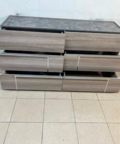 This is a Home Centre Warner 6-Drawer Dresser featuring a caramel walnut and beige finish with a marble-effect top. - Image 5