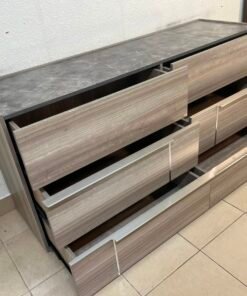 This is a Home Centre Warner 6-Drawer Dresser featuring a caramel walnut and beige finish with a marble-effect top. - Image 7